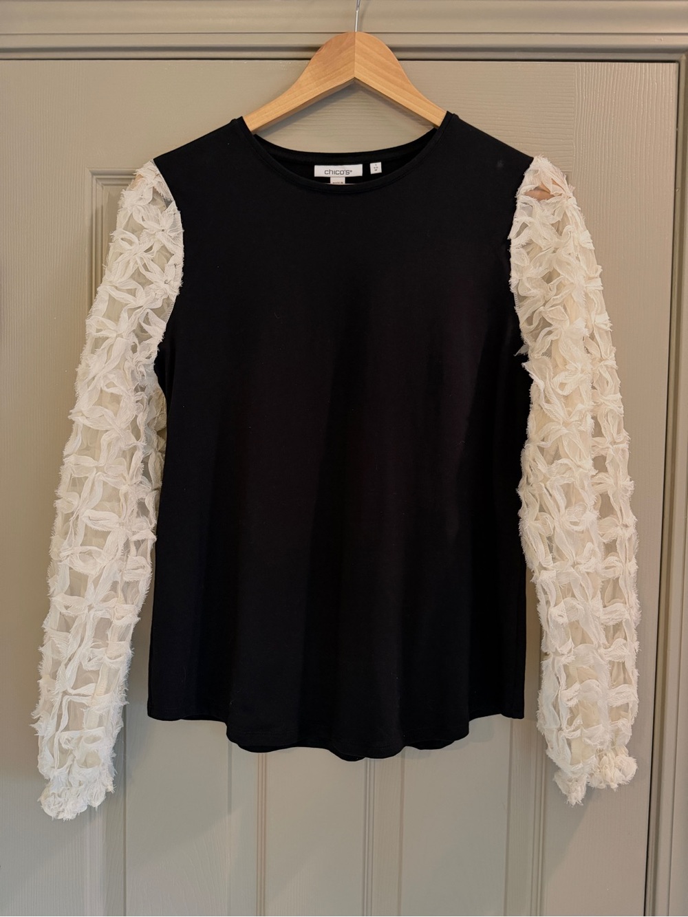 Chico's Black Top with White 3D Floral Long Sleeves